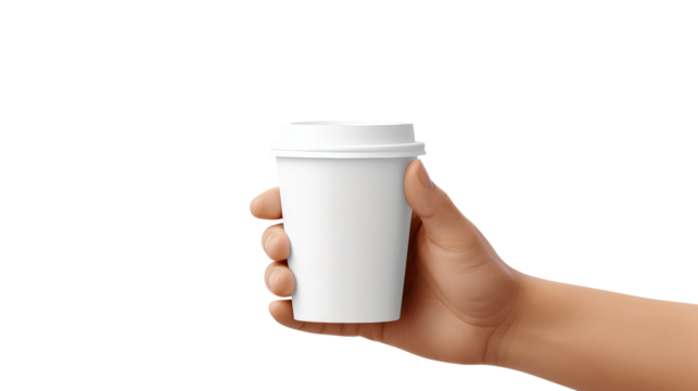 Hand holding a Blank cup of coffee isolated on transparent white background, clipping path