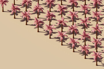 3D Render of Dense Grid of Pink Palm Trees on Beige Background