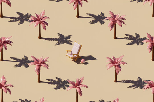 3D Render of Pink Palm Trees, Deck Chair, and Ball on Beige Back