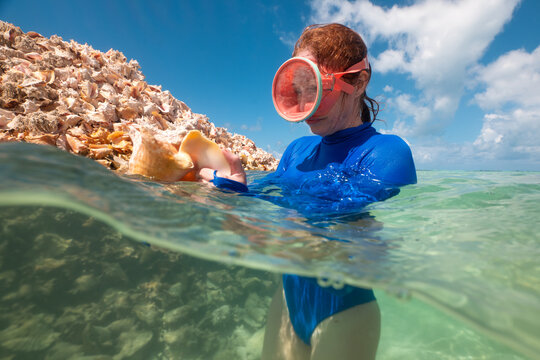 Woman Snorkeling with Piles of Pink Conch Shells