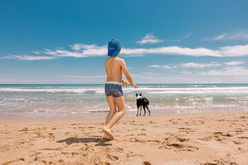 Young boy and dog playing on sunny beach