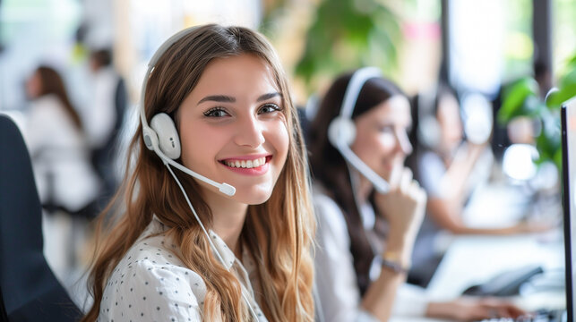 Call center office with smiling beautiful friendly woman working support customer care.
