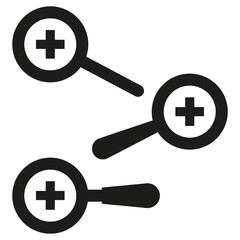 Fototapeta premium Three magnifying glasses. Different handle angles. Black plus symbols. Enlarged view vector.