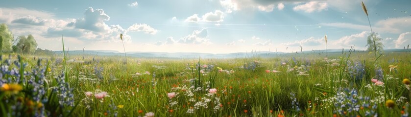 A field of flowers with a bright blue sky in the background