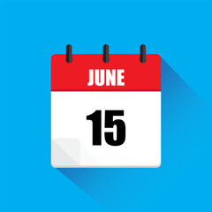 Calendar icon June. Red header June. Date number fifteen. Blue background.