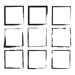 Grunge square frames vector. Black rough edges. Abstract brush stroke design. Artistic border set.