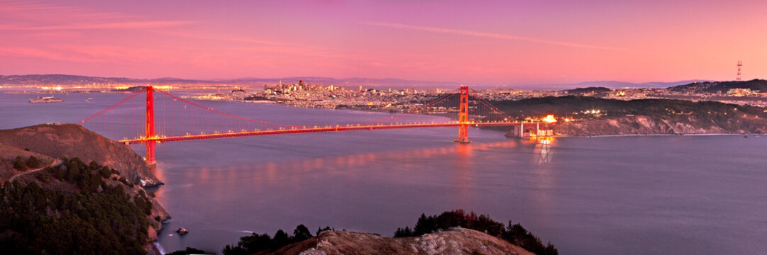 Sunset high above the Golden Gate Bridge In Marin County