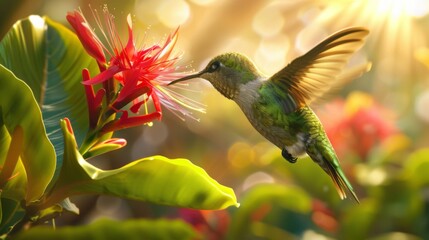 A hummingbird is flying over a flower