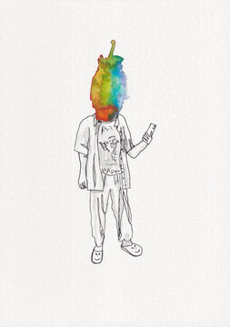 Bright rainbow headed doodle of anonymous  person