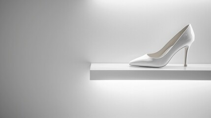 Fashion elegant white high heeled shoe displayed on shelf against wall in stylish setting