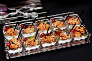 Upscale Appetizer Showcase: An enticing assortment of bite-sized delicacies, elegantly presented in transparent square bowls