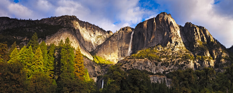 Golden light falls upon Yosemite Falls California