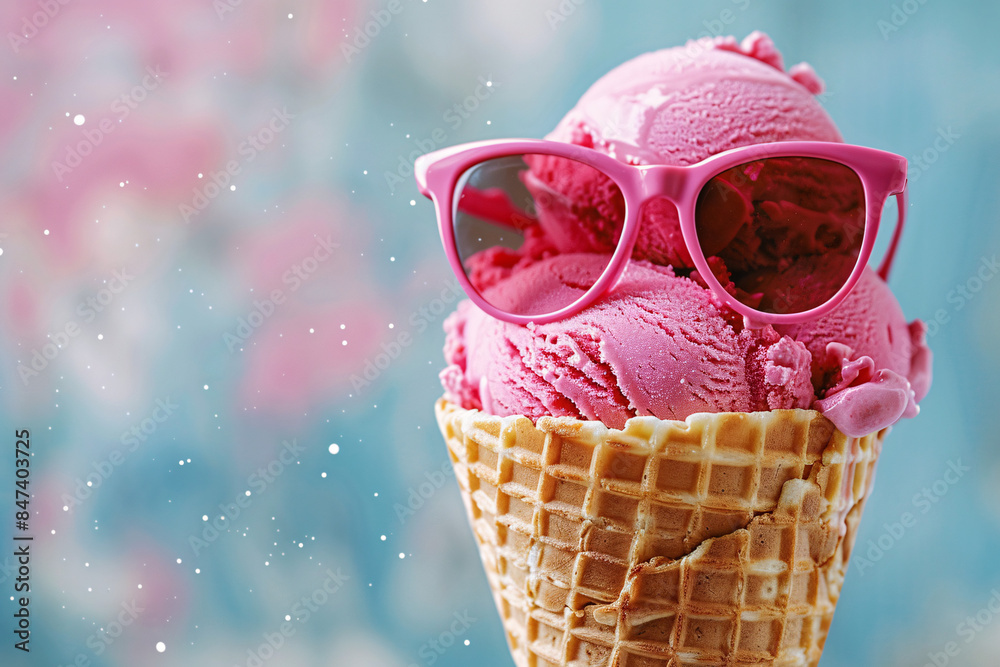 Wall mural a colorful summer ice cream cone wearing sunglasses, representing a cool and refreshing vacation tre