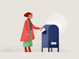 Woman in casual clothes putting envelop into letter box