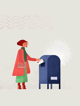 Cartoon woman putting letter into mailbox