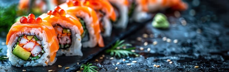 Savory Sushi Spread on Dark Table - Appetizing Square Food Photography Background