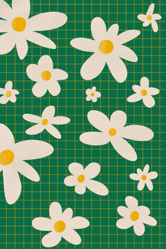 Different white flowers with yellow center pattern on green backdrop 