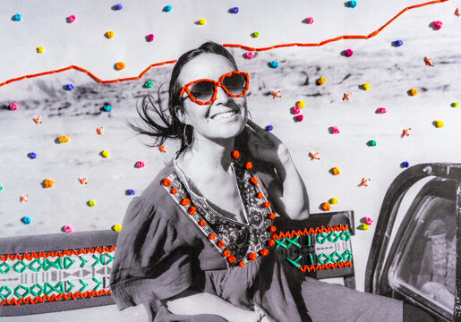 Happy woman travel Contemporary colorful embroidery