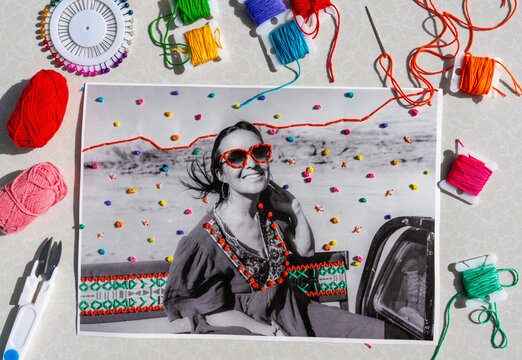 Happy woman travel Contemporary colorful embroidery