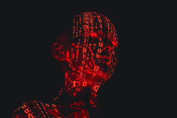 A humanoid illuminated by red light of zeros and ones