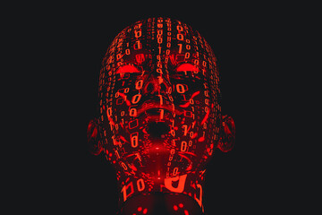 A humanoid illuminated by red light of zeros and ones