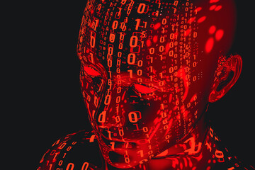 A humanoid illuminated by red light of zeros and ones