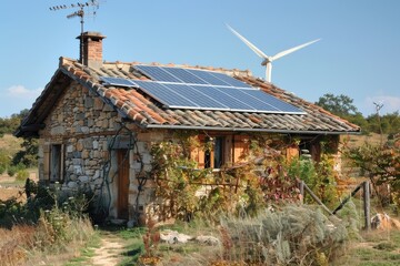 A small house with a large wind turbine in the background