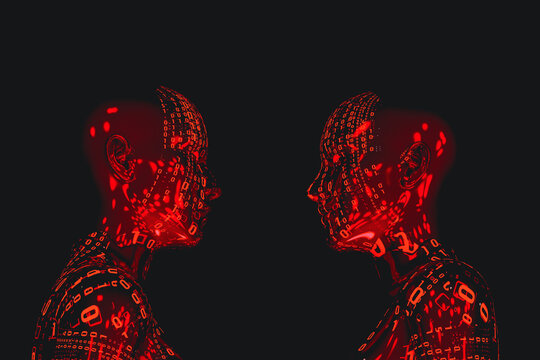 Two humanoids illuminated by red light of zeros and ones