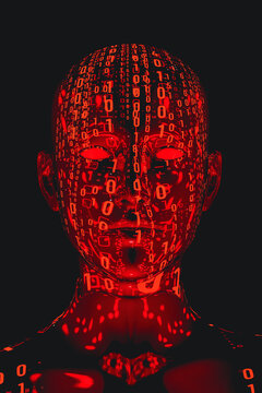 A humanoid illuminated by red light of zeros and ones