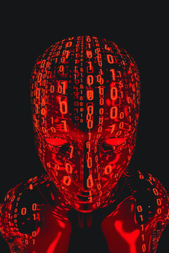 A humanoid illuminated by red light of zeros and ones