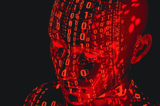 A humanoid illuminated by red light of zeros and ones