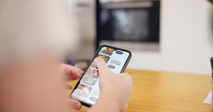 Smartphone, food delivery and hand scroll take out menu in home or e commerce, choice and dinner selection. Mobile screen, meal order app and person or customer search online, or catalog and decision