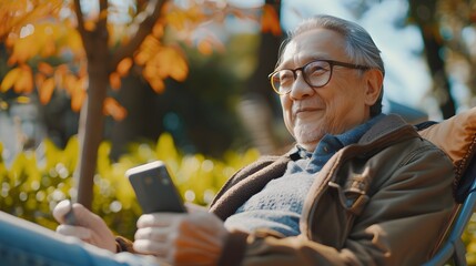 Elderly man enjoying a sunny day outdoors, smiling while using his smartphone in the park. - Powered by Adobe