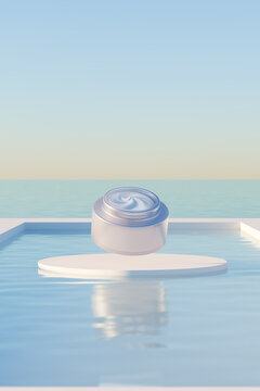 Face / hand cream on surreal swimming pool backdrop. Skin care. 