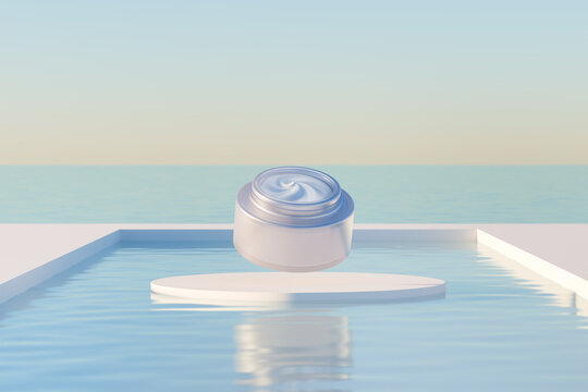 Face / hand cream on surreal swimming pool backdrop. Skin care. 