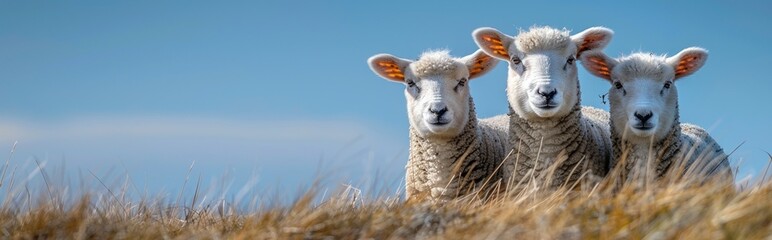 Sheep eating grass with a view of a wide meadow