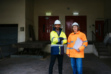 Engineers looking at camera at industrial site