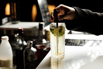 Bartender making alcohol cocktail in a bar, close-Up.
