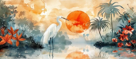 Serene Sunset with a White Egret in a Tropical Landscape