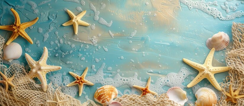 Summer beach scene with starfish, fishing net, seashells, and room for text.