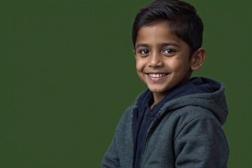 Indian male boy with smile on his face next to an empty space on a dark green background. Cute little boy wearing typical winter clothes.