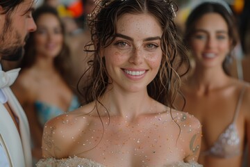 Naklejka premium A joyous celebration featuring a smiling woman with freckles and sparkling decorations on her attire, surrounded by friends in a lively atmosphere