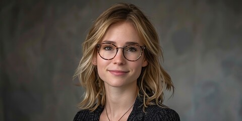 A young professional woman with blonde hair and glasses, dressed in business attire, posing confidently for a portrait against a neutral background