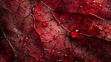 Fototapeta premium A close-up image of a detailed, deeply textured reddish-brown leaf surface with intricate vein patterns and water droplets resting on it