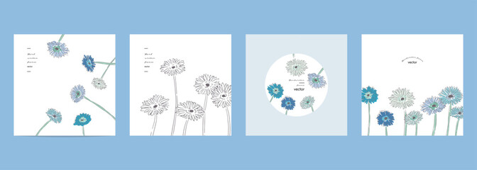 手描きの草木イラスト。ガーベラの線画ベクターイラスト。手描きの花と草木ナチュラルハガキテンプレート。Hand drawn illustration of plants and trees. Line drawing vector illustration of gerbera. Hand drawn flowers and plants natural postcard template.