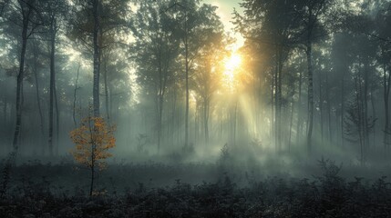 A mesmerizing scene of a misty forest at sunrise, with rays of sunlight filtering through the tall trees and illuminating the morning fog in a tranquil woodland setting