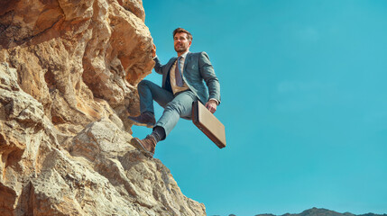free climbing businessman in the mountains
