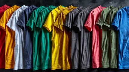 A vibrant and diverse collection of multi-colored t-shirts neatly arranged in a row showcasing various hues, fabrics, and styles against a dark background