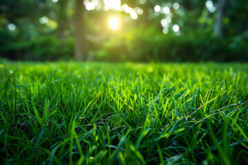 Fototapeta premium Close-up of lush green grass blades with a soft-focus background of sunlit trees