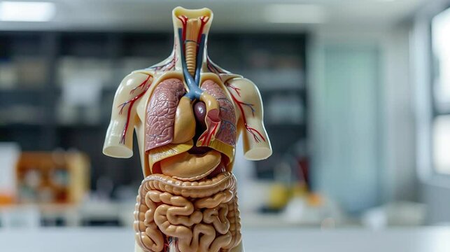Video of human torso with organs artificial model replica in medical concept. For studying biology, learning anatomy. 